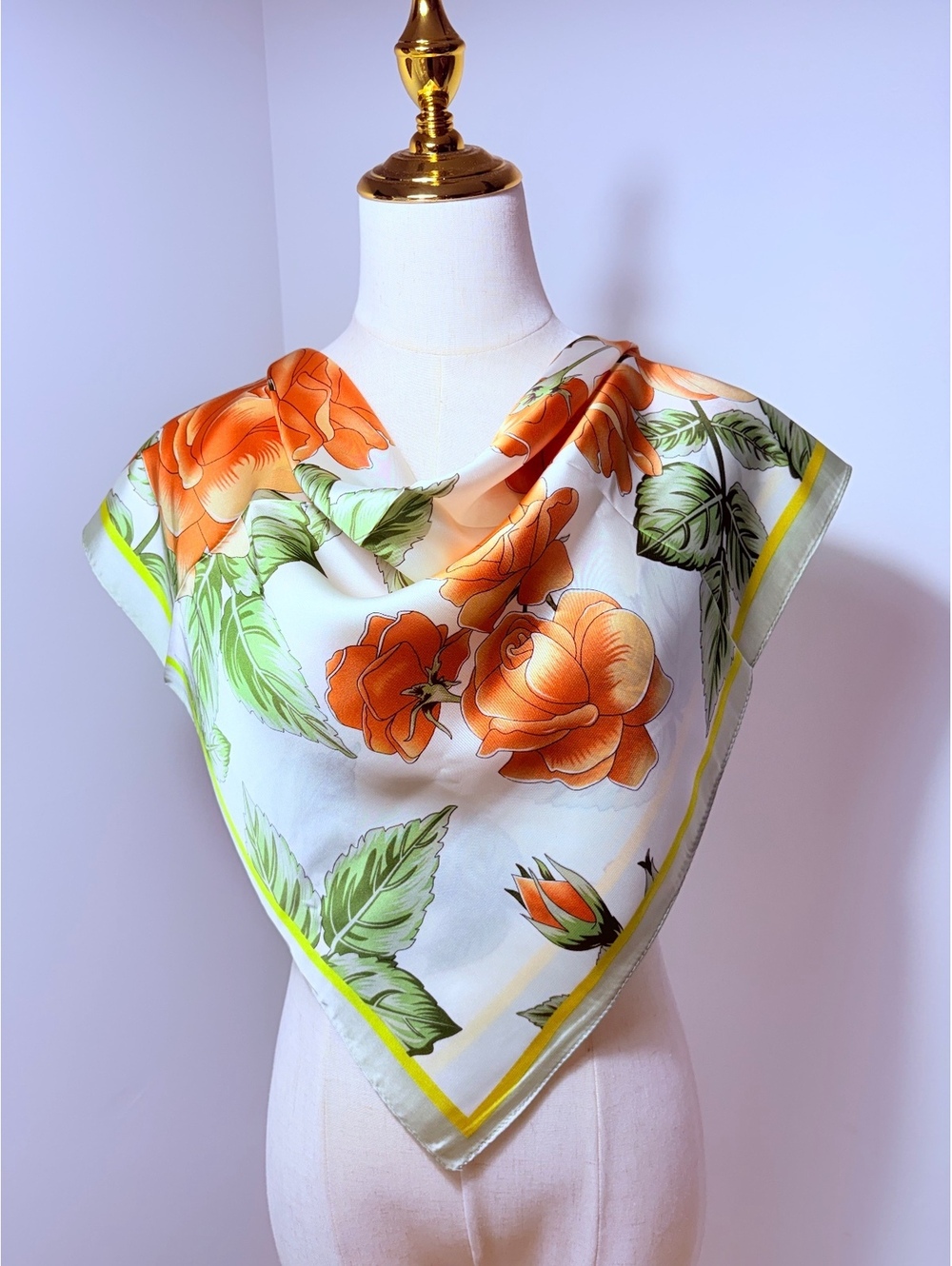 Elegant Floral Orange Rose Print Scarf with Green Leaves and Yellow Border